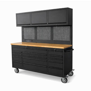 English Elm Overhead Rolling Tool Chest 79 Inch Tall 14 Drawers Pegboard and Built in Power Strip W5675P514132