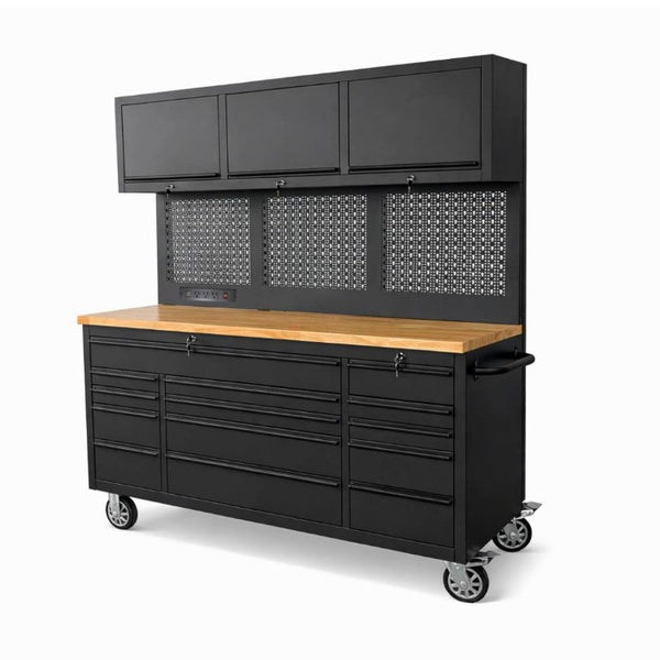 English Elm Overhead Rolling Tool Chest 79 Inch Tall 14 Drawers Pegboard and Built in Power Strip W5675P514132