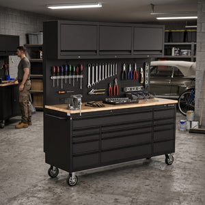 English Elm Overhead Rolling Tool Chest 79 Inch Tall 14 Drawers Pegboard and Built in Power Strip W5675P514132