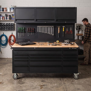 English Elm Overhead Rolling Tool Chest 79 Inch Tall 14 Drawers Pegboard and Built in Power Strip W5675P514132