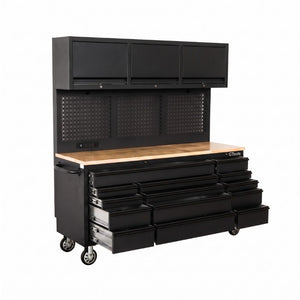 English Elm Overhead Rolling Tool Chest 79 Inch Tall 14 Drawers Pegboard and Built in Power Strip W5675P514132