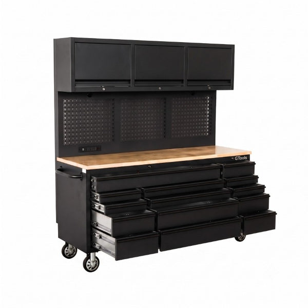 English Elm Overhead Rolling Tool Chest 79 Inch Tall 14 Drawers Pegboard and Built in Power Strip W5675P514132