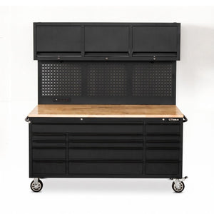 English Elm Overhead Rolling Tool Chest 79 Inch Tall 14 Drawers Pegboard and Built in Power Strip W5675P514132