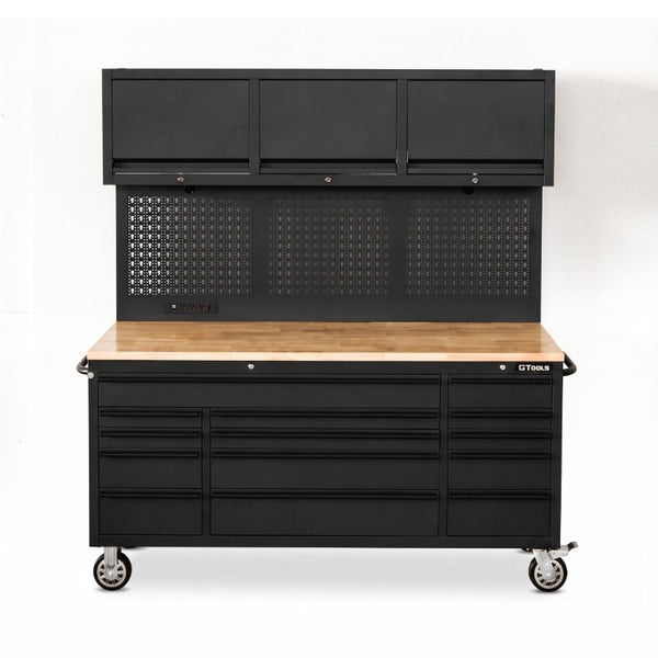 English Elm Overhead Rolling Tool Chest 79 Inch Tall 14 Drawers Pegboard and Built in Power Strip W5675P514132