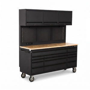 English Elm Overhead Rolling Tool Chest 79 Inch Tall 14 Drawers Pegboard and Built in Power Strip W5675P514132