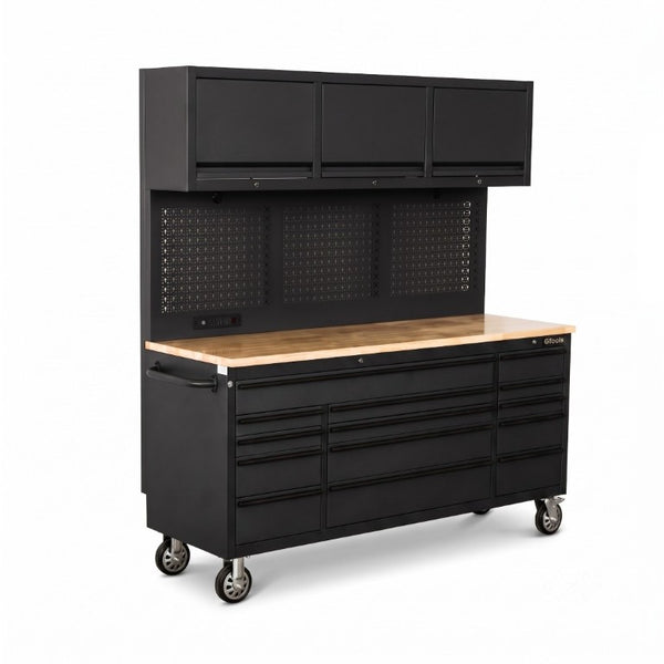English Elm Overhead Rolling Tool Chest 79 Inch Tall 14 Drawers Pegboard and Built in Power Strip W5675P514132