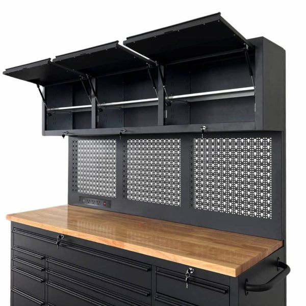 English Elm Overhead Rolling Tool Chest 79 Inch Tall 14 Drawers Pegboard and Built in Power Strip W5675P514132