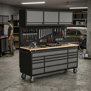 English Elm Overhead Pro Rolling Tool Chest 79 Inch Tall 14 Drawers Pegboard Power Strip Garage W5675P514136