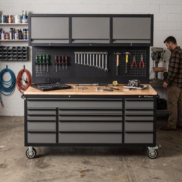 English Elm Overhead Pro Rolling Tool Chest 79 Inch Tall 14 Drawers Pegboard Power Strip Garage W5675P514136