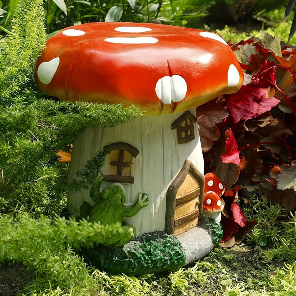 English Elm L13.4 Resin Mushroom House Sculpture Whimsical Fairy Garden Decor for Patio or Indoor Use W5709P460813
