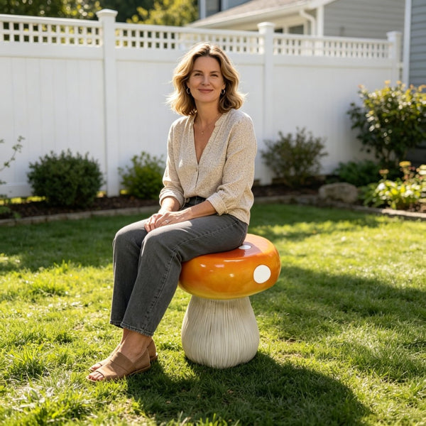 English Elm Mushroom Resin Garden Stool Hand-Painted Red Cap Whimsical Outdoor Accent Seat W5709P490980