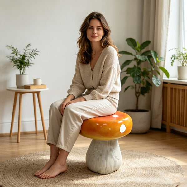 English Elm Mushroom Resin Garden Stool Hand-Painted Red Cap Whimsical Outdoor Accent Seat W5709P490980