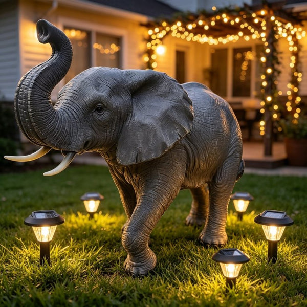 English Elm 20 Inch Resin Elephant Sculpture Raised Trunk Good Luck Garden Patio Yard Decor W5709P510841