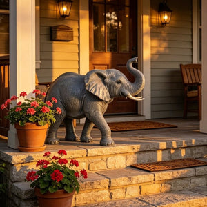 English Elm 20 Inch Resin Elephant Sculpture Raised Trunk Good Luck Garden Patio Yard Decor W5709P510841