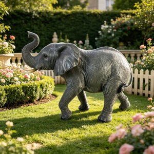 English Elm 20 Inch Resin Elephant Sculpture Raised Trunk Good Luck Garden Patio Yard Decor W5709P510841