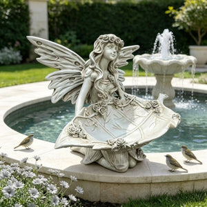 English Elm 12.80 Inch Resin Fairy Statue with Leaf Tray Bird Feeder Antique White Garden Decor W5709P517634