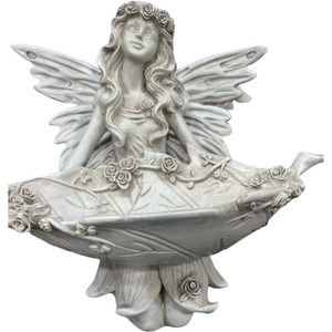English Elm 12.80 Inch Resin Fairy Statue with Leaf Tray Bird Feeder Antique White Garden Decor W5709P517634