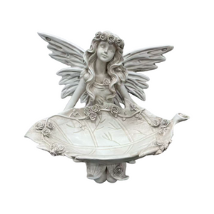 English Elm 12.80 Inch Resin Fairy Statue with Leaf Tray Bird Feeder Antique White Garden Decor W5709P517634