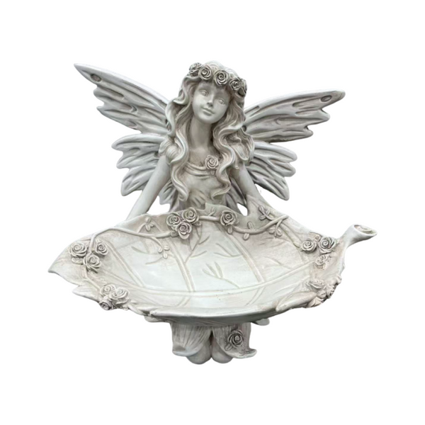 English Elm 12.80 Inch Resin Fairy Statue with Leaf Tray Bird Feeder Antique White Garden Decor W5709P517634