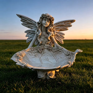 English Elm 12.80 Inch Resin Fairy Statue with Leaf Tray Bird Feeder Antique White Garden Decor W5709P517634
