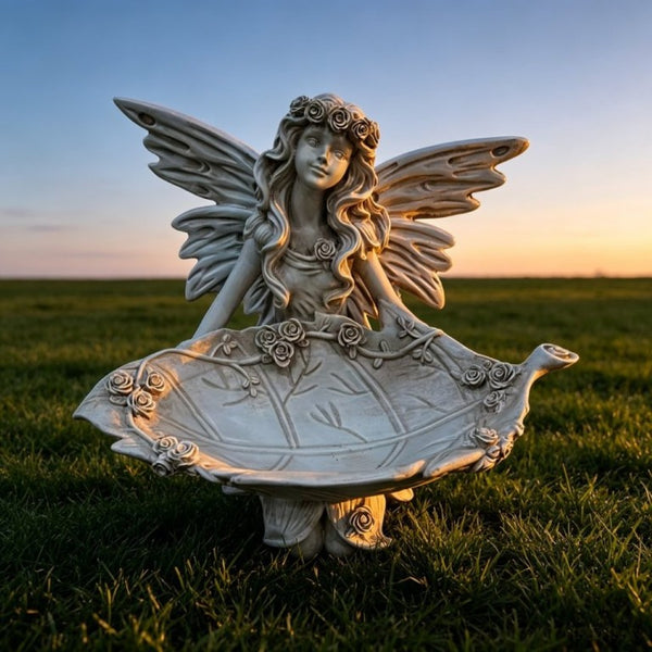 English Elm 12.80 Inch Resin Fairy Statue with Leaf Tray Bird Feeder Antique White Garden Decor W5709P517634