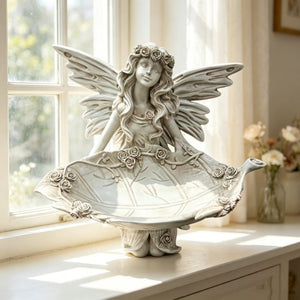 English Elm 12.80 Inch Resin Fairy Statue with Leaf Tray Bird Feeder Antique White Garden Decor W5709P517634