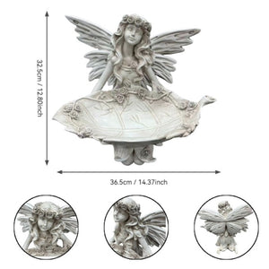 English Elm 12.80 Inch Resin Fairy Statue with Leaf Tray Bird Feeder Antique White Garden Decor W5709P517634
