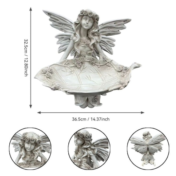 English Elm 12.80 Inch Resin Fairy Statue with Leaf Tray Bird Feeder Antique White Garden Decor W5709P517634
