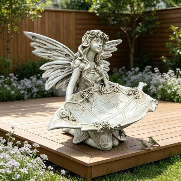 English Elm 12.80 Inch Resin Fairy Statue with Leaf Tray Bird Feeder Antique White Garden Decor W5709P517634