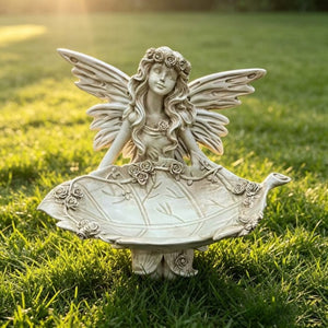 English Elm 12.80 Inch Resin Fairy Statue with Leaf Tray Bird Feeder Antique White Garden Decor W5709P517634