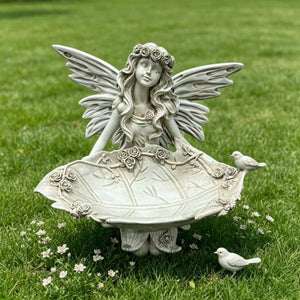 English Elm 12.80 Inch Resin Fairy Statue with Leaf Tray Bird Feeder Antique White Garden Decor W5709P517634
