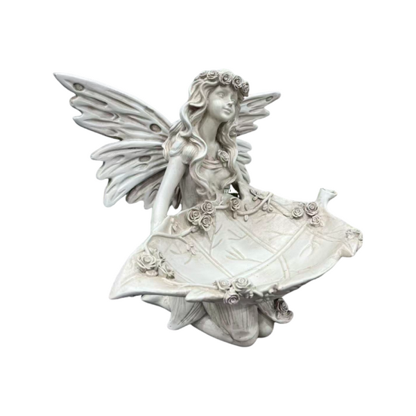 English Elm 12.80 Inch Resin Fairy Statue with Leaf Tray Bird Feeder Antique White Garden Decor W5709P517634