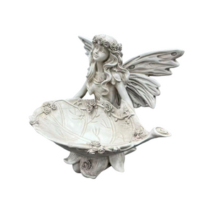 English Elm 12.80 Inch Resin Fairy Statue with Leaf Tray Bird Feeder Antique White Garden Decor W5709P517634