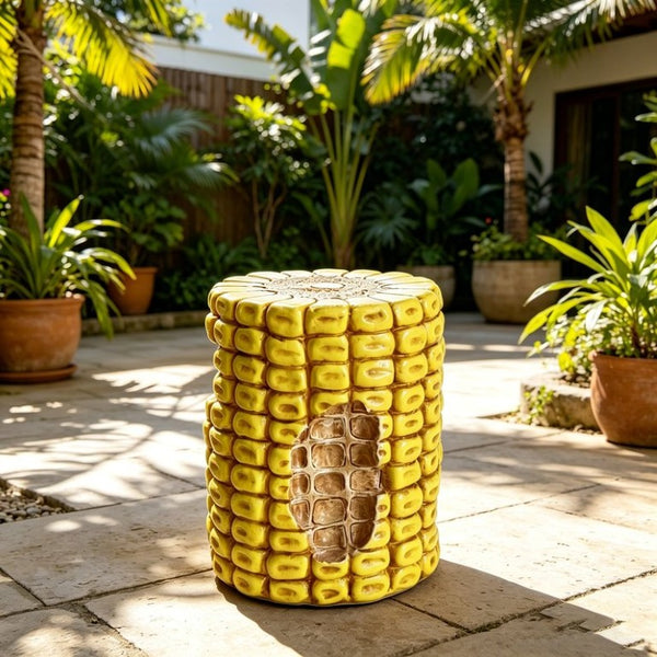English Elm 17.32 Inch Resin Corn Cob Accent Stool Sculpted Plant Stand for Patio or Garden W5709P519548