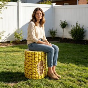 English Elm 17.32 Inch Resin Corn Cob Accent Stool Sculpted Plant Stand for Patio or Garden W5709P519548