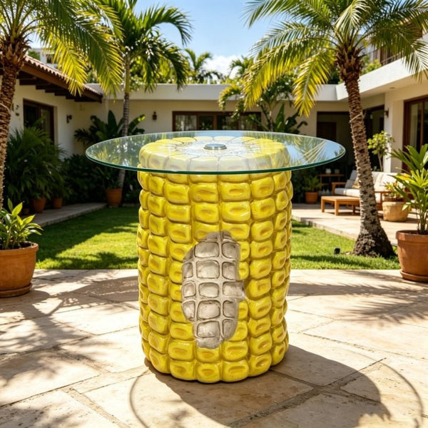 English Elm 17.32 Inch Corn Cob Resin Accent Table with Tempered Glass Top for Patio or Living W5709P519587