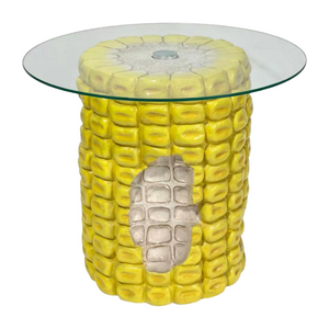 English Elm 17.32 Inch Corn Cob Resin Accent Table with Tempered Glass Top for Patio or Living W5709P519587