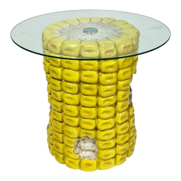 English Elm 17.32 Inch Corn Cob Resin Accent Table with Tempered Glass Top for Patio or Living W5709P519587