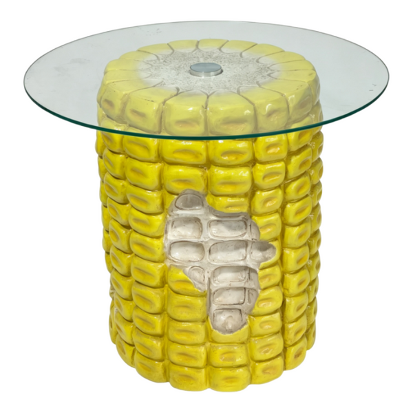 English Elm 17.32 Inch Corn Cob Resin Accent Table with Tempered Glass Top for Patio or Living W5709P519587