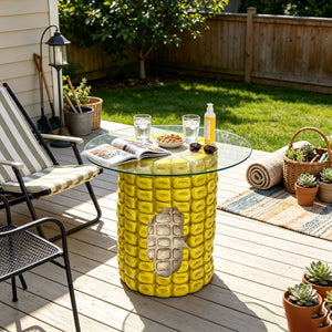 English Elm 17.32 Inch Corn Cob Resin Accent Table with Tempered Glass Top for Patio or Living W5709P519587