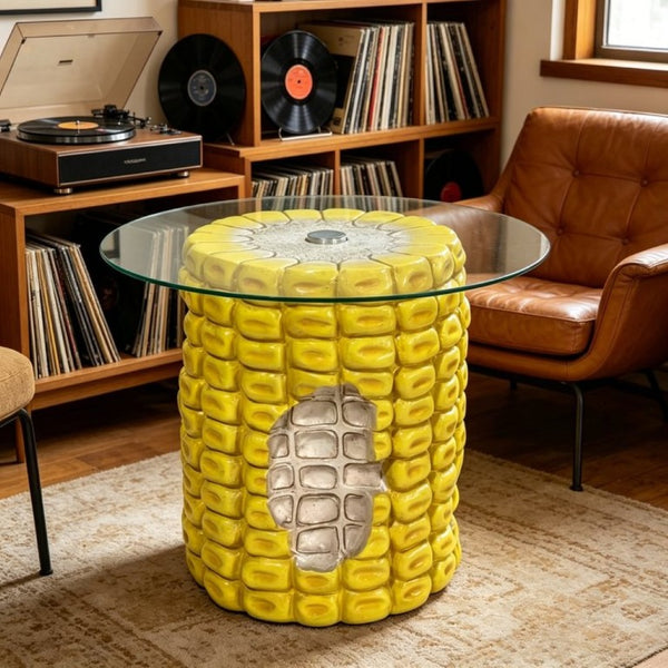 English Elm 17.32 Inch Corn Cob Resin Accent Table with Tempered Glass Top for Patio or Living W5709P519587