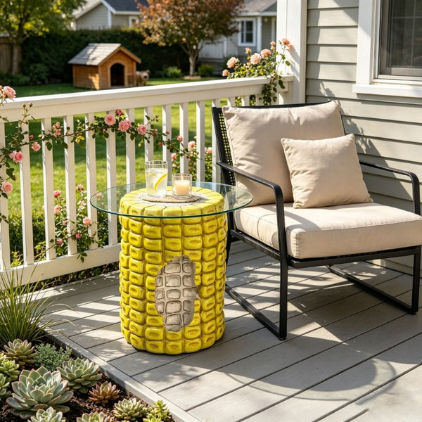 English Elm 17.32 Inch Corn Cob Resin Accent Table with Tempered Glass Top for Patio or Living W5709P519587
