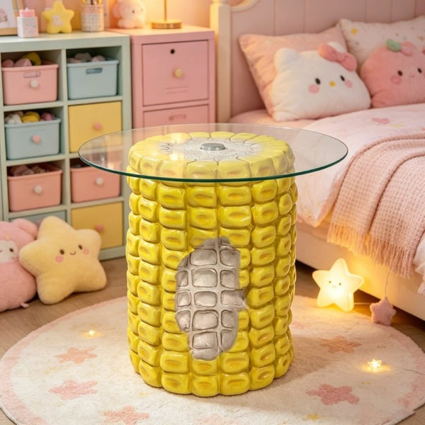 English Elm 17.32 Inch Corn Cob Resin Accent Table with Tempered Glass Top for Patio or Living W5709P519587