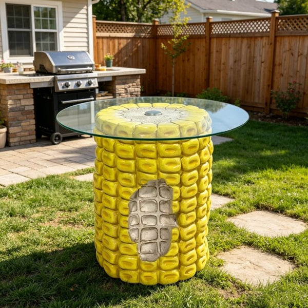 English Elm 17.32 Inch Corn Cob Resin Accent Table with Tempered Glass Top for Patio or Living W5709P519587