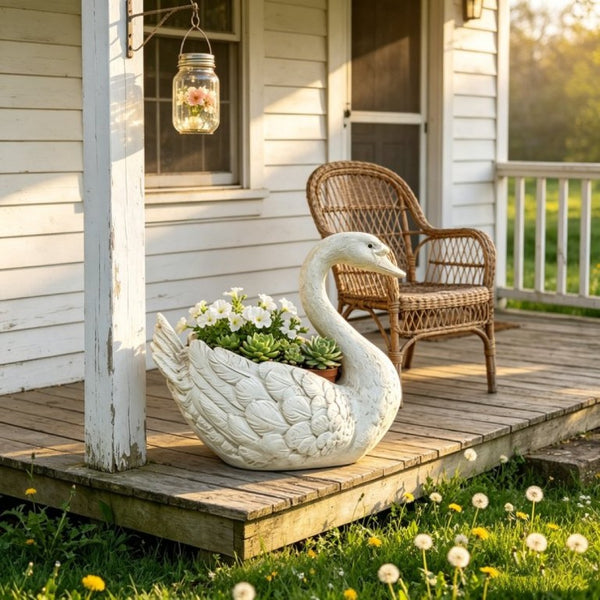 English Elm 12.6 Inch Resin Swan Planter Sculpture Vintage Feather Detail for Garden Pond Patio W5709P534925