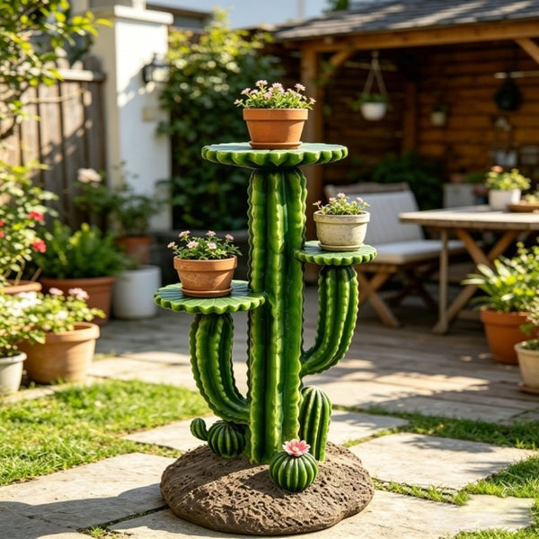English Elm 32 Inch Resin Saguaro Cactus Plant Stand Three Tiered Shelves Weatherproof Patio Decor W5709P534928