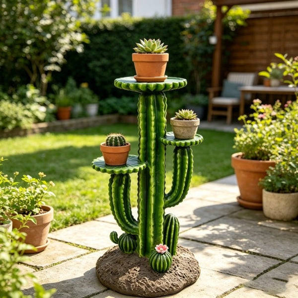 English Elm 32 Inch Resin Saguaro Cactus Plant Stand Three Tiered Shelves Weatherproof Patio Decor W5709P534928