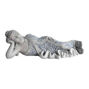 English Elm Oriental Reclining Buddha Resin Statue Blue Porcelain Robes Zen Meditation Decor W5709P534929