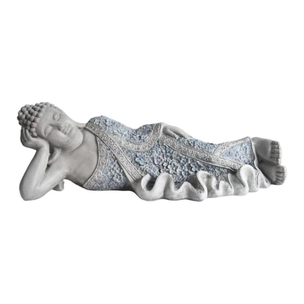 English Elm Oriental Reclining Buddha Resin Statue Blue Porcelain Robes Zen Meditation Decor W5709P534929