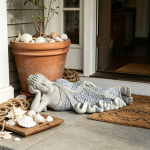 English Elm Oriental Reclining Buddha Resin Statue Blue Porcelain Robes Zen Meditation Decor W5709P534929